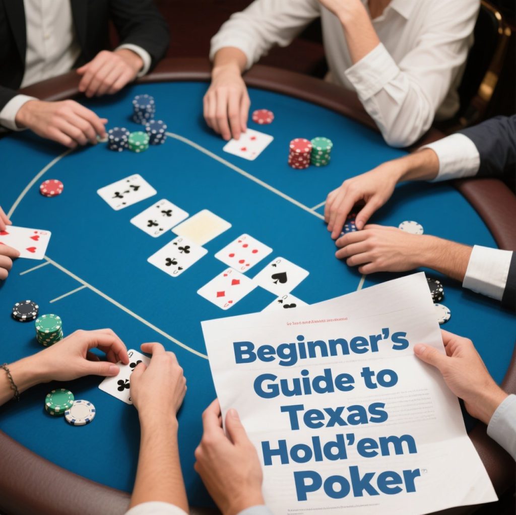 Infographic explaining Texas Hold’em poker basics for beginners, including game rules, hand rankings, and smart playing tips, with poker cards and chips illustrated