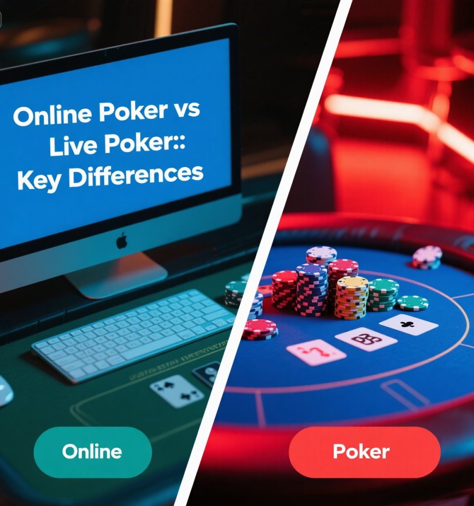A comparison of online poker on a laptop 💻 versus live poker at a casino table