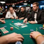 Poker table split into two sides: one with tournament chips and trophies, the other with cash stacks and casual chips