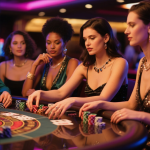 Female poker players competing at a casino poker table