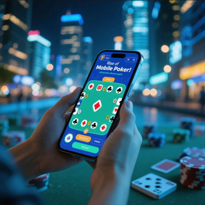 Playing poker on a smartphone showing a mobile poker app interface
