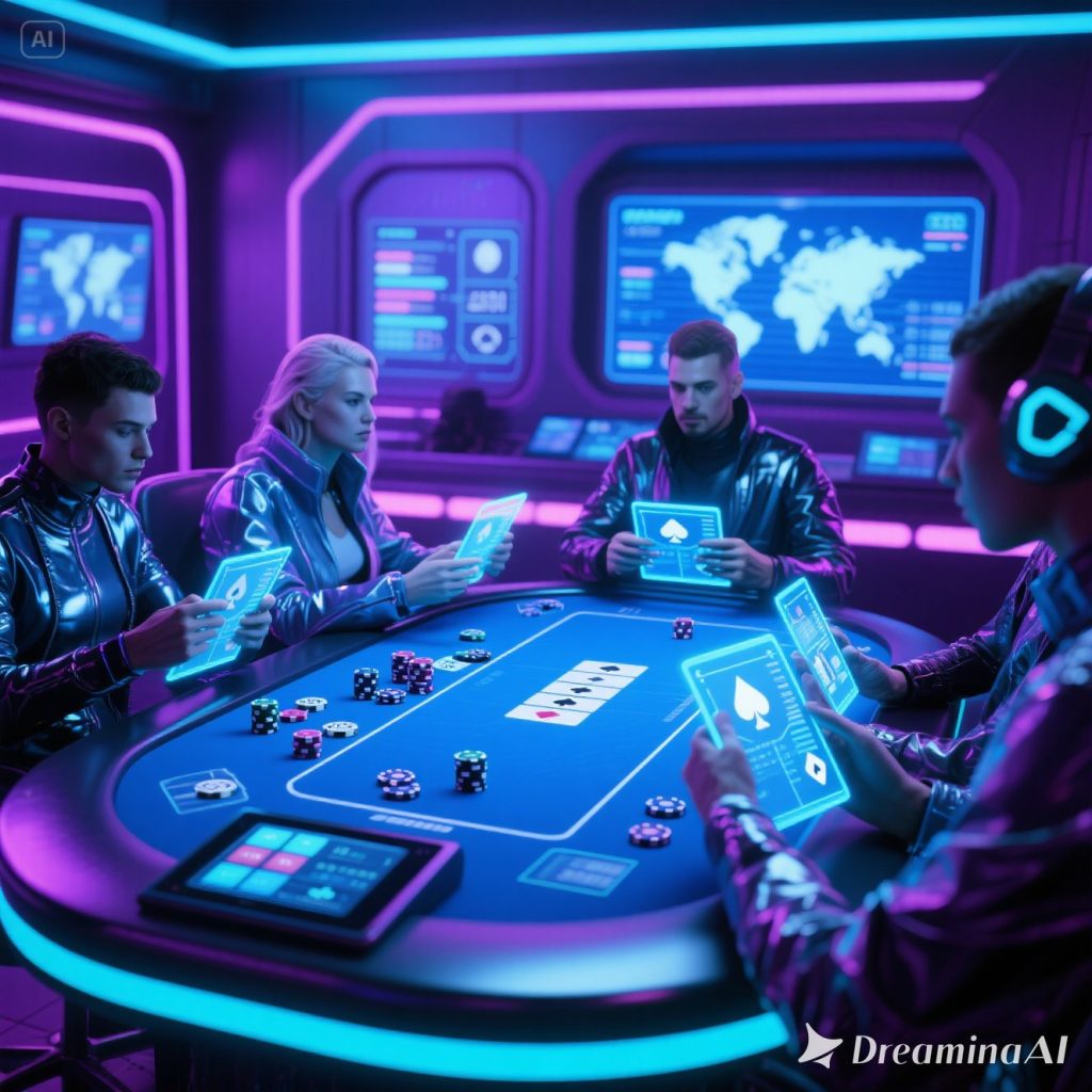 Digital poker setup with online interfaces, AI tools, and players engaging in virtual gameplay