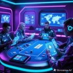 Digital poker setup with online interfaces, AI tools, and players engaging in virtual gameplay