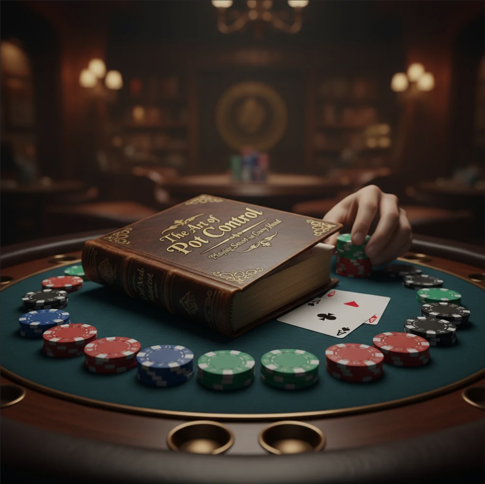 Poker player carefully managing bets and chip stack, illustrating smart pot control strategy in a tense card game.