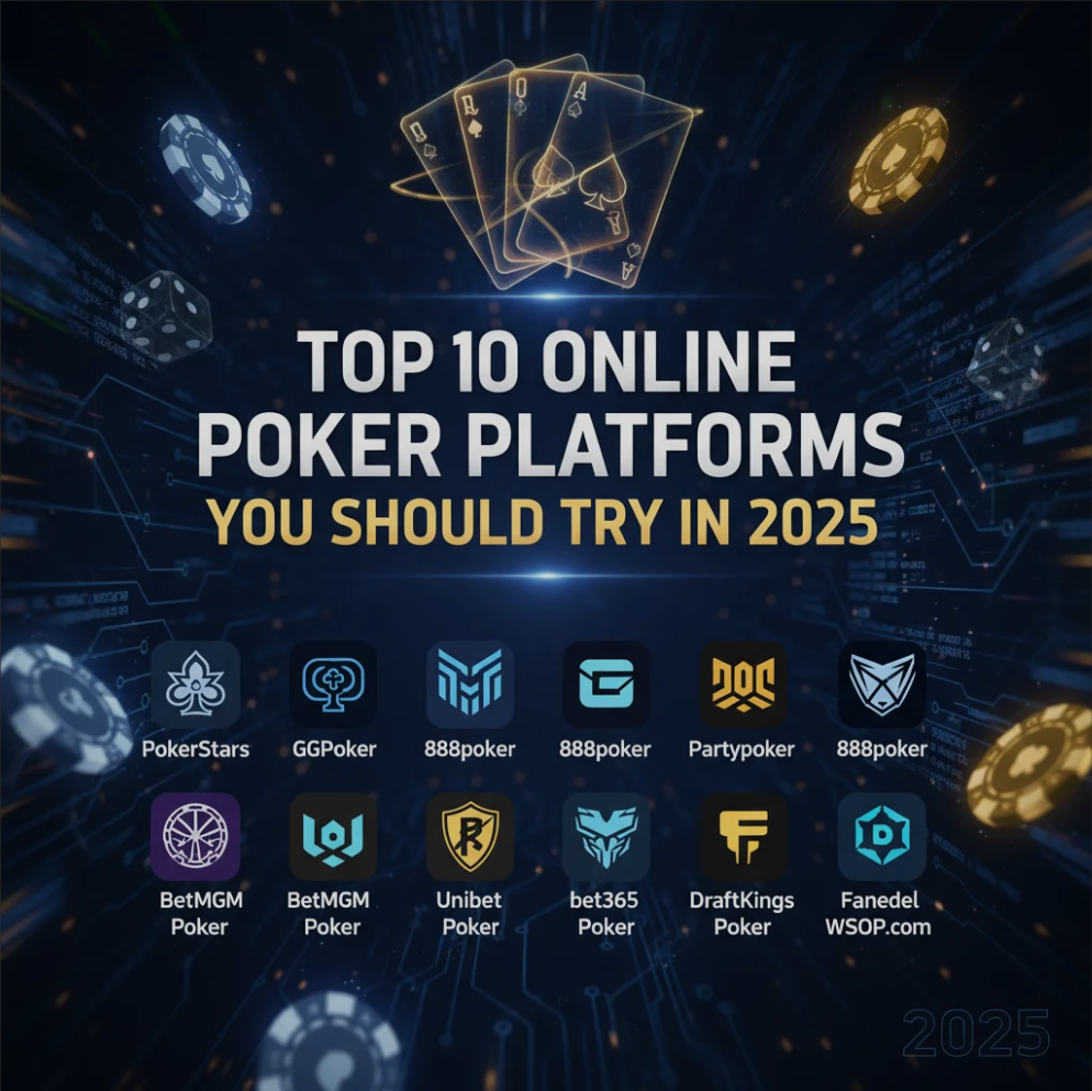 Virtual poker table with players on laptops and mobile devices, representing the top online poker platforms of 2025.