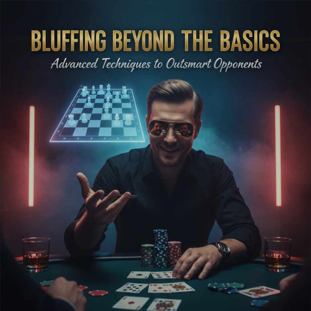 Poker player executing a bluff at a casino table with cards and chips
