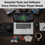 Poker player using tracking software and analytics tools on laptop