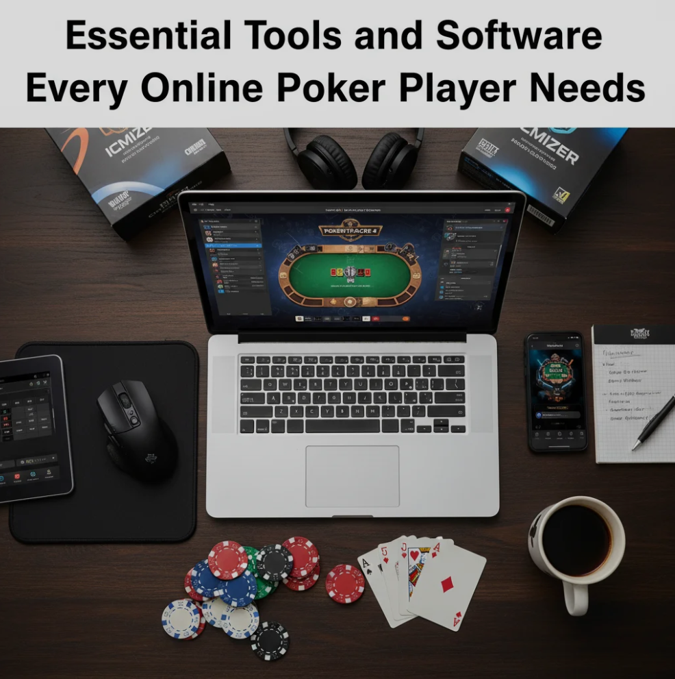 Poker player using tracking software and analytics tools on laptop