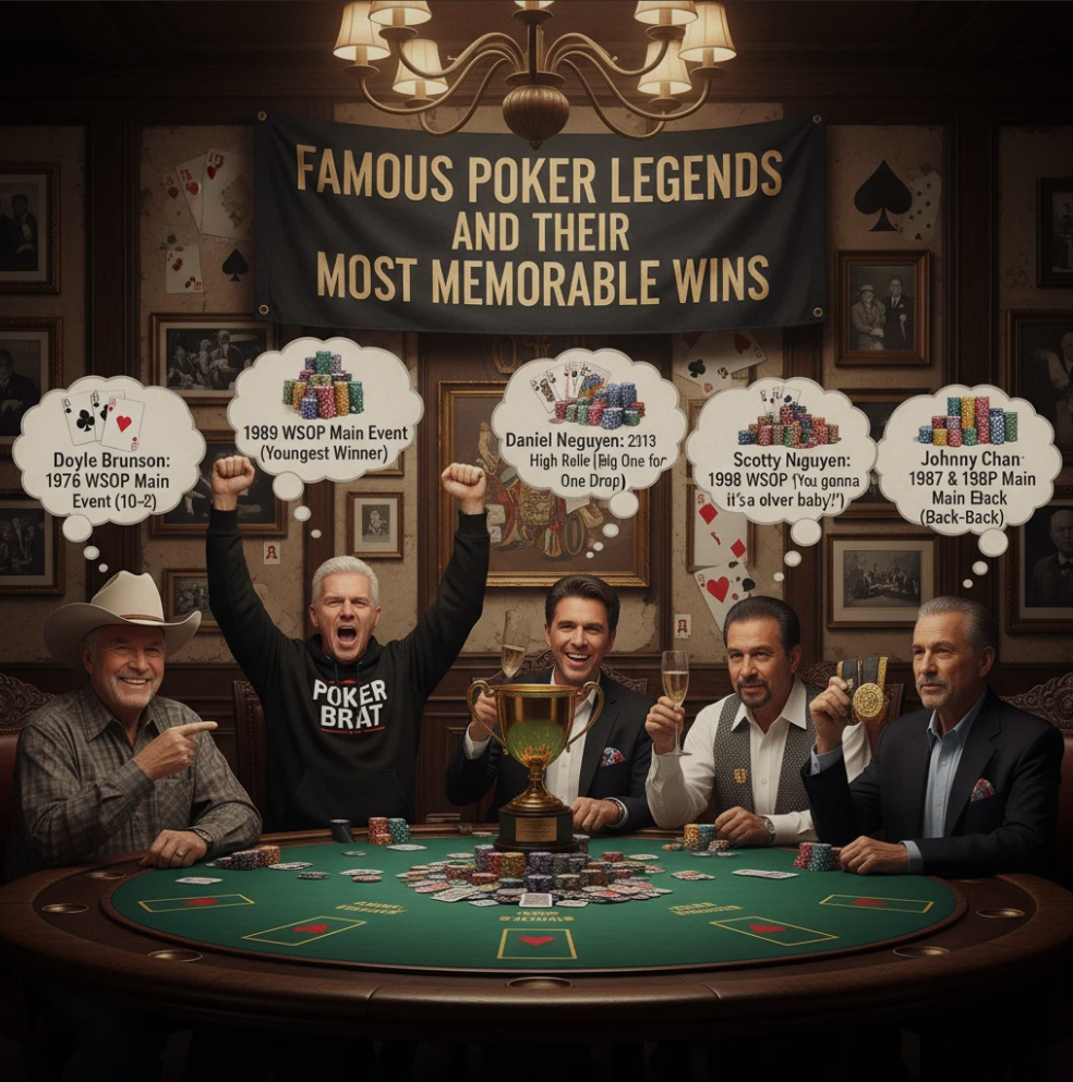 Famous poker legends celebrating their wins at a poker table