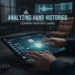 Poker player reviewing hand histories on a laptop to improve strategy