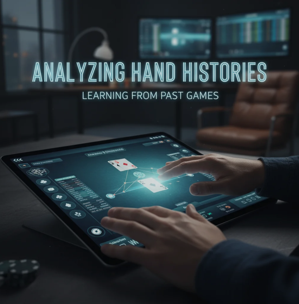 Poker player reviewing hand histories on a laptop to improve strategy