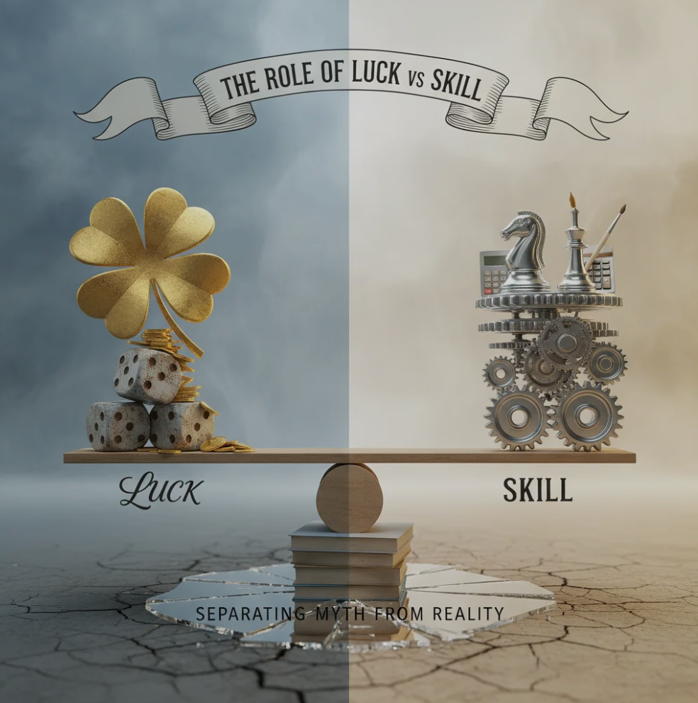 Dice and playing cards symbolizing the balance of luck and skill in gaming