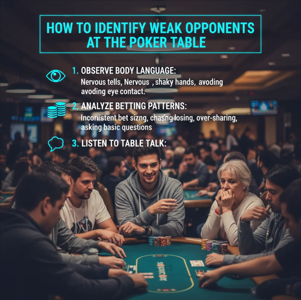 Poker player observing opponents to identify weak spots at the table