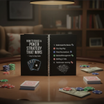 Poker player analyzing hand with chips and cards on a table, focusing on strategic gameplay