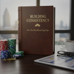 Poker player analyzing cards and chips at a table, representing turning poker skills into steady profits