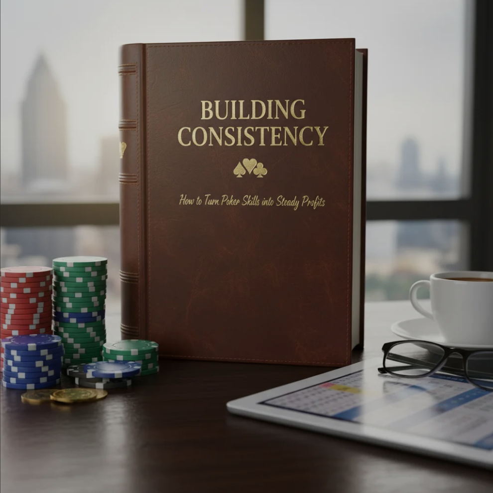 Poker player analyzing cards and chips at a table, representing turning poker skills into steady profits