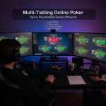 A poker player managing multiple online poker tables on a computer screen with concentration.