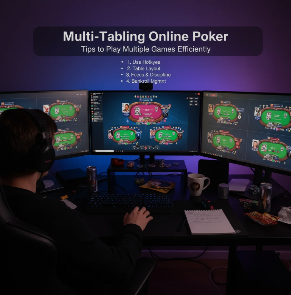 A poker player managing multiple online poker tables on a computer screen with concentration.