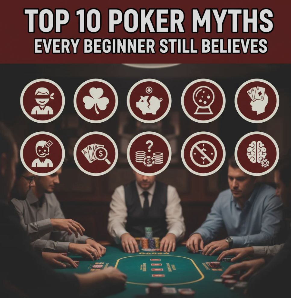 Poker table with cards and chips, illustrating common myths beginners believe