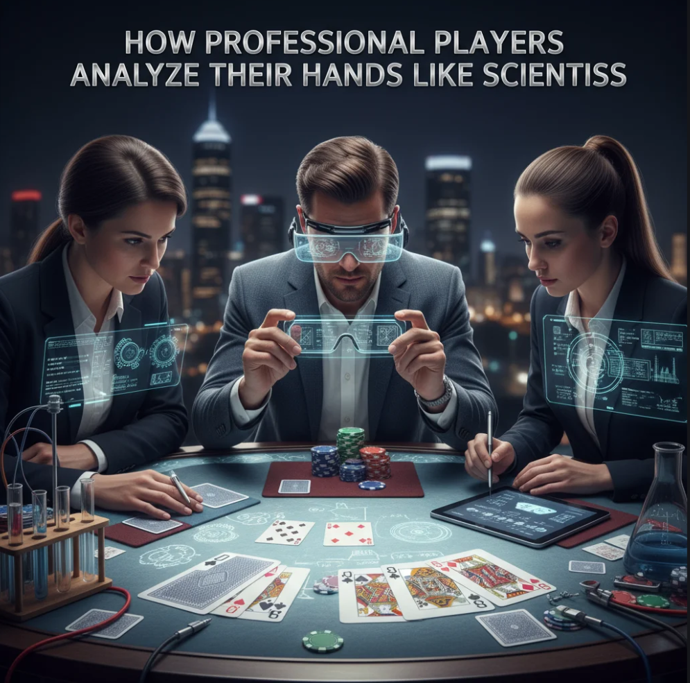 Professional poker player concentrating on cards with charts and probability graphics overlay