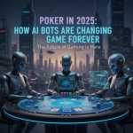 “Futuristic poker table with AI-generated holographic cards and digital opponents representing AI poker bots in 2025.”