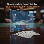 Poker table with cards, chips, and highlighted probability charts representing poker equity and strategic decision-making