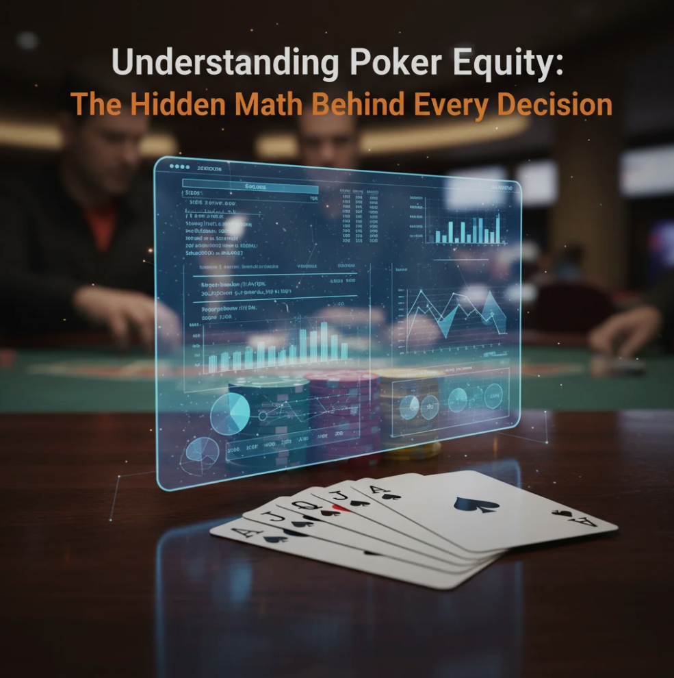 Poker table with cards, chips, and highlighted probability charts representing poker equity and strategic decision-making