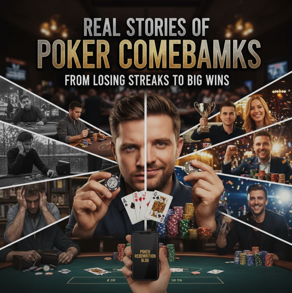 Poker table with cards, chips, and a player celebrating a big win, symbolizing comeback stories in poker