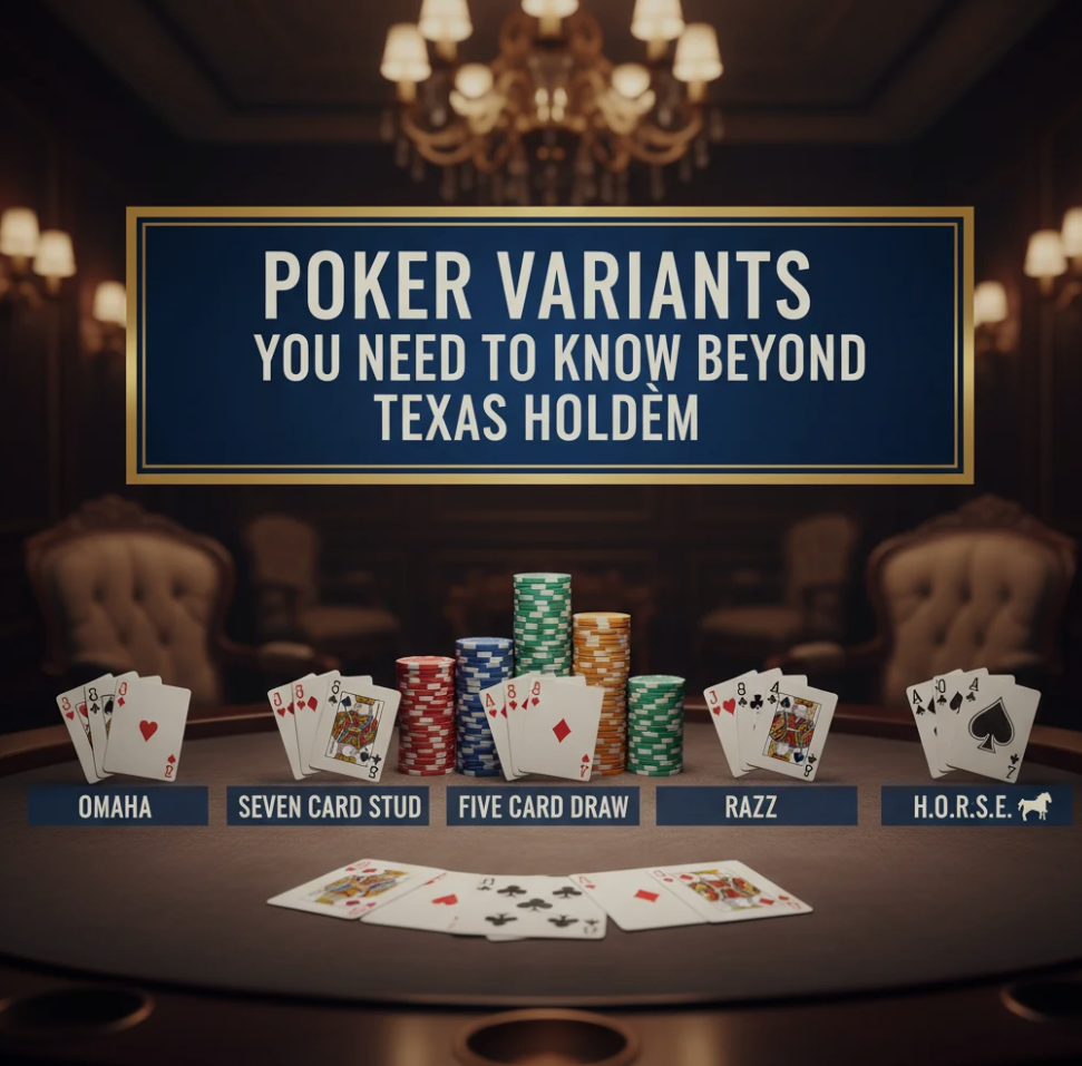 A poker table with cards and chips showcasing different poker variants beyond Texas Hold’em