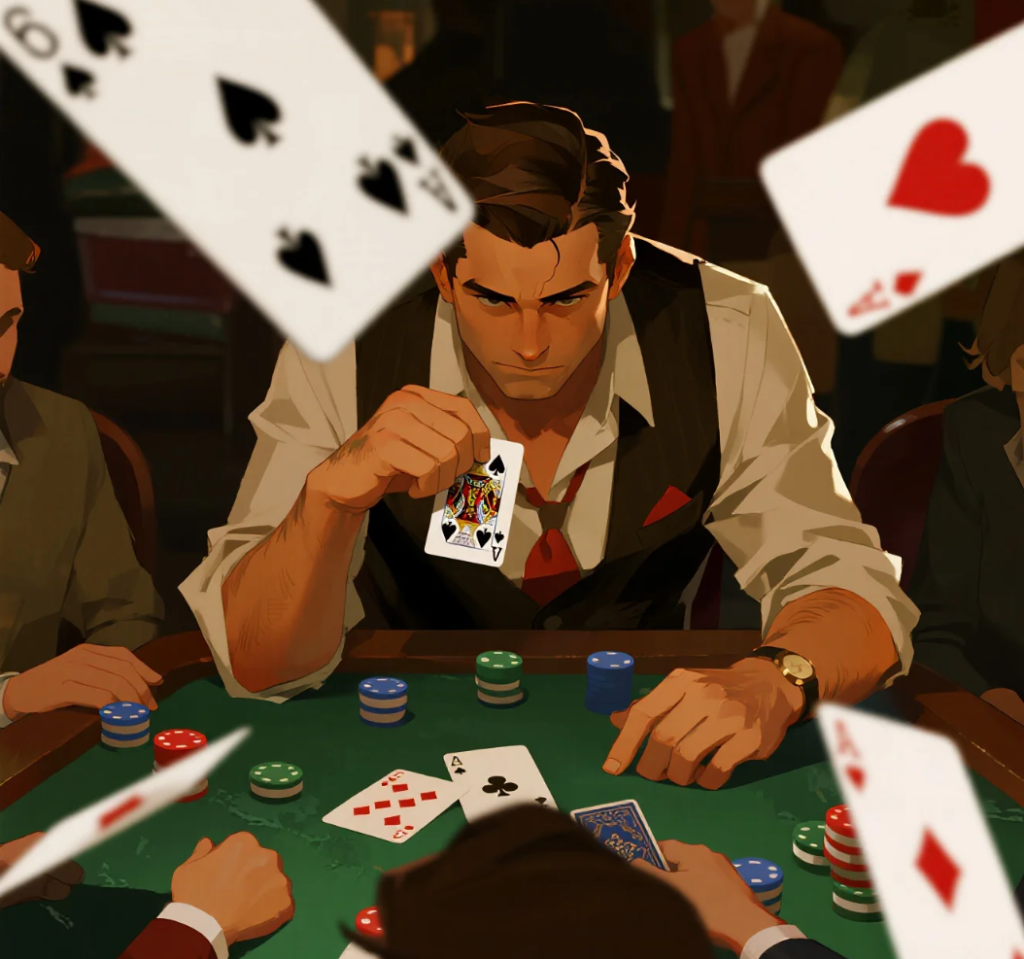 Poker hand being folded at a table, highlighting strategic decision-making