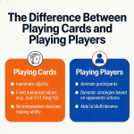 Poker table with cards on the table and a player analyzing opponents across the table