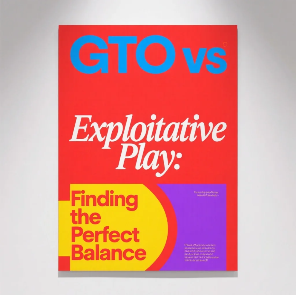 Graphic comparing GTO strategy and exploitative play in poker using mathematical and psychological symbols