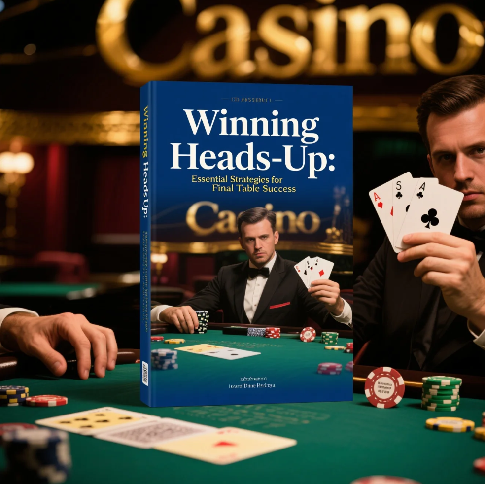 Two poker players facing off heads-up at a final table with chips and cards in play