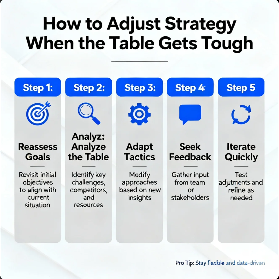 Poker table with focused players adjusting strategies during a challenging game